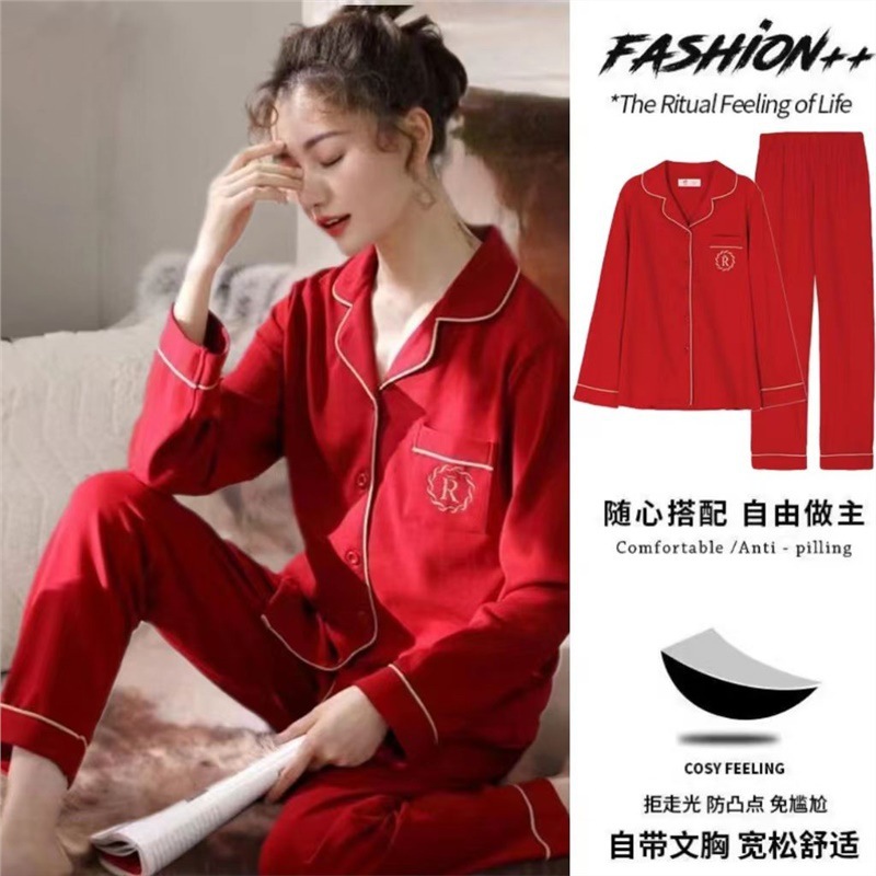 Otoño 100% pijamas de algodón para mujer primavera y otoño verano con almohadilla en el pecho anti-Bump pantalones de manga larga de gama alta cardigan ropa para el hogar