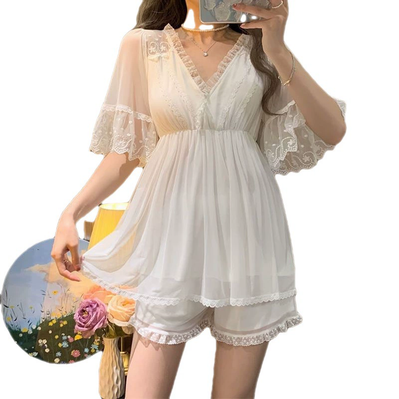 Top with cups, summer pijama, lace cute skirt, with short sleeve, internet celebrity