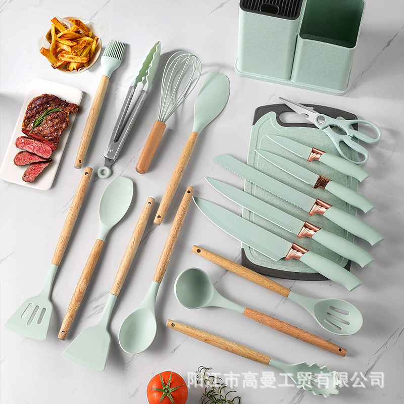 Fábrica de stock de madera de beech mango de silicona 19 piezas de cocina cocina cocina cuchillo de cocina conjunto de cuchillos de cocina
