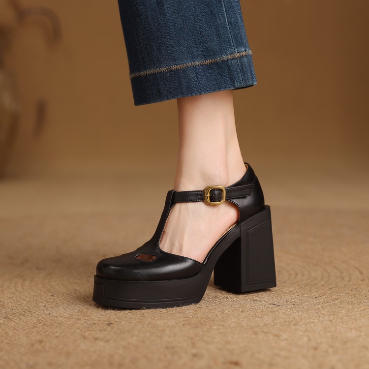 Sandal nữ đế xuồng platform gót vuông phong cách vintage khóa kim loại — màu nâu, màu đen chi tiết 64