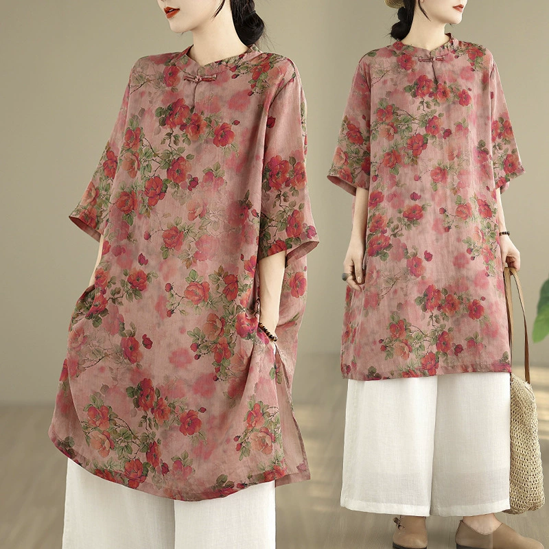 Жесткий китайский стиль ретро Рами с принтом средней длиной рубашка платье летом легкий дышащий топ женский