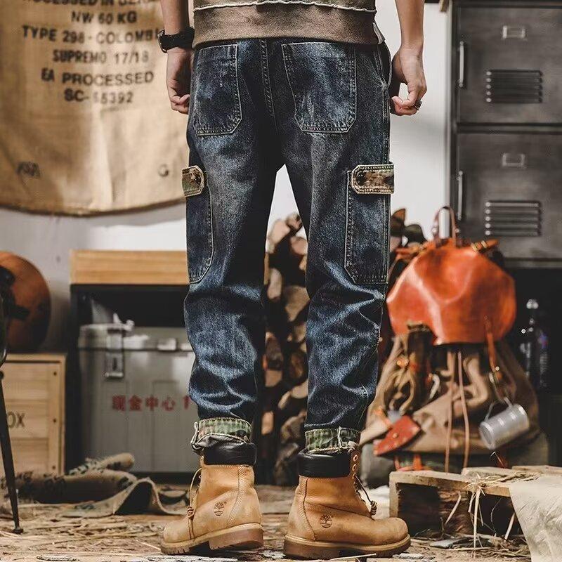 Men's American Heavyweight Distressed Workwear Jeans Loose Straight Leg Plus Size Blue Low Waist Trendy Spring Pants_voghion.com