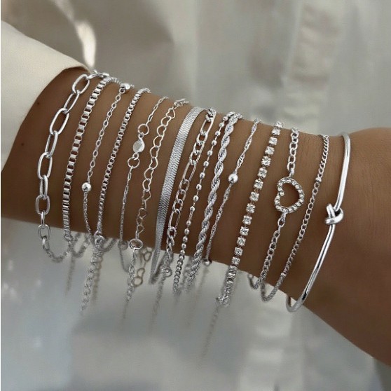 Cross-Border Hot-Selling Creative 15-Piece Set of Bracelets with Inlaid Rhinestones, Twisted Imitation Pearls and Other Shapes for Women to Wear Stacked Bracelets