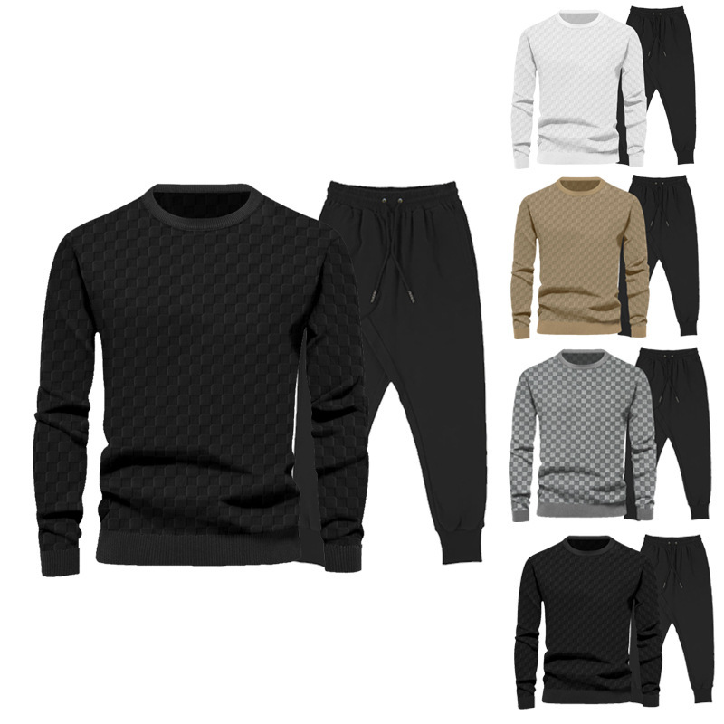 751g Weight Long Sleeve Sleeve Length Cotton Blend, Polyester Fabric Type Pants Sets Sets Type 2 Pieces Set Quantity Casual Occasion Round Neck Neckline Regular Fit Fit Type Plaid Pattern Winter, Autumn Season Men's Gender Streetwear Style Men's Autumn And Winter Jacquard Checkerboard Long-sleeved Trousers Sets  Men's Clothing 无
