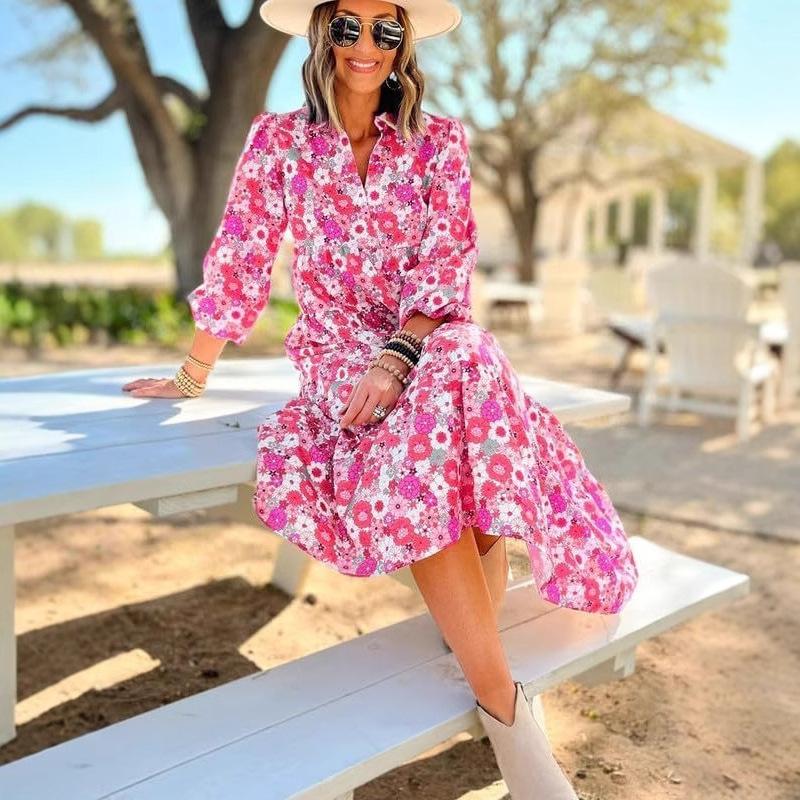 Casual Loose Fitting Bohemian Floral V Neck Dress Long Sleeved Puff Sleeve Women's Clothing New Spring Summer_ecoleips.com