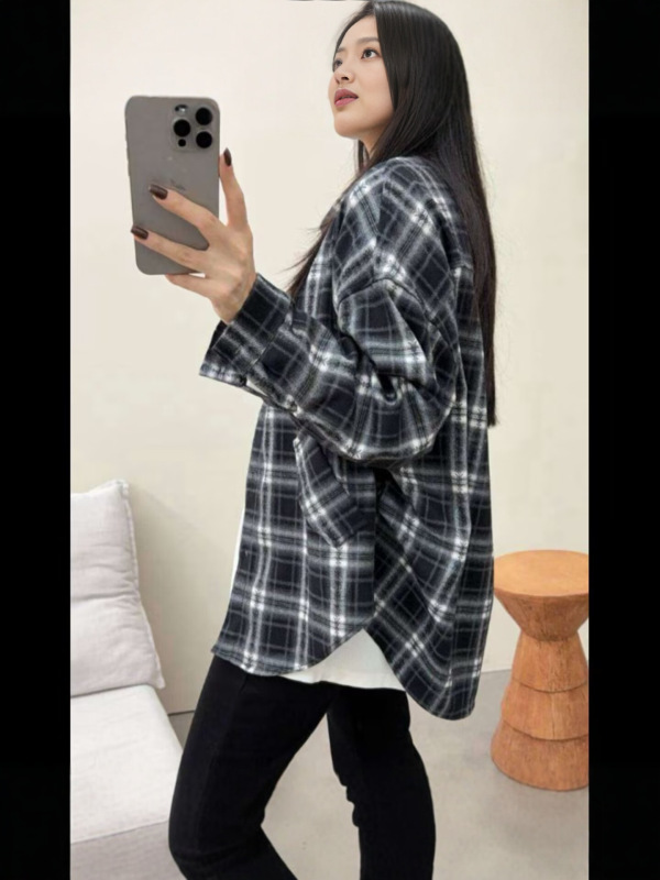 复古美拉德磨毛大码格子衬衫外搭女休闲宽松显瘦慵懒风衬衣上衣潮|undefined