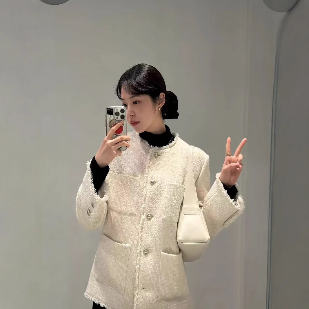 韩国L**U原DAN粗纺呢料无领毛边设计感香风直筒外套2025年春季新