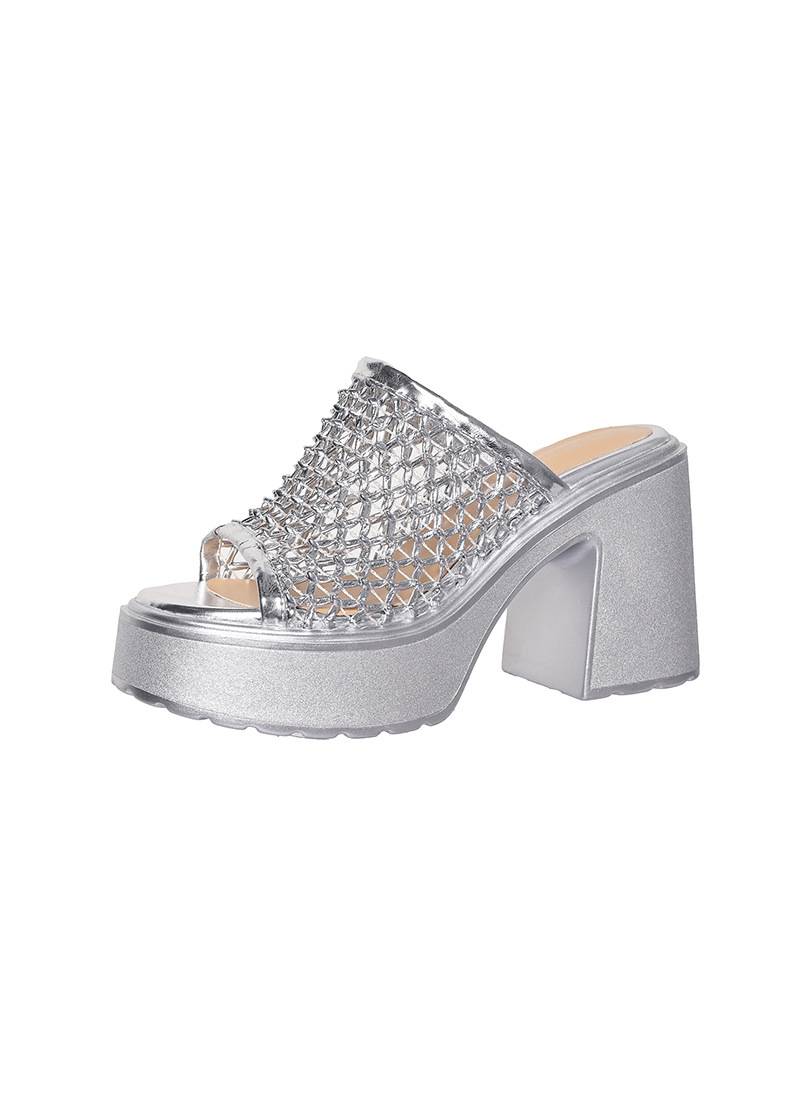 Sandal cao gót nữ hở mũi đế xuồng gót 10 cm quai ngang bện — màu đen, bạc chi tiết 17