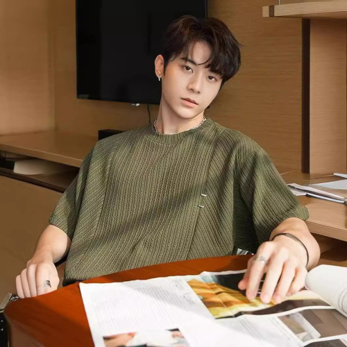 Summer Japanese-style green men's clothing high-end sense fashion loose round neck T-shirt casual knitting texture bar