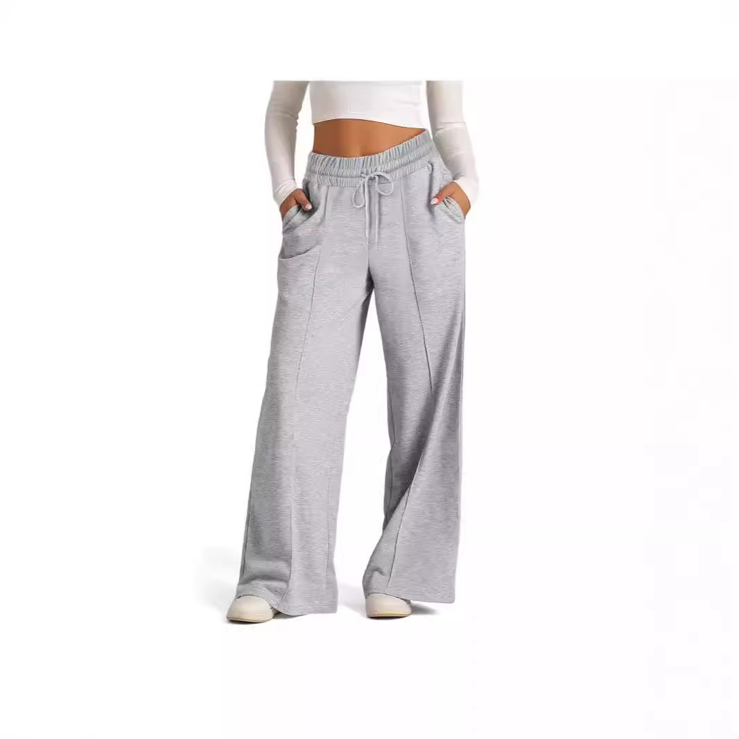 Women's Clothing drawstring solid color waist fashion wide leg casual trousers_voghion.com