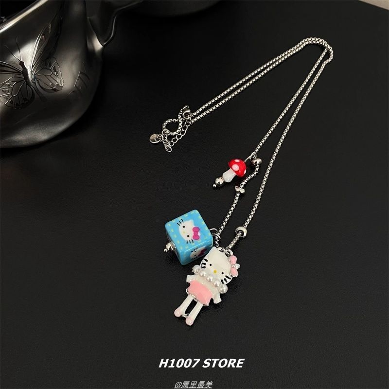 新しいカラフルなスクエア KT 猫ラブロングネックレス女性のニッチデザインかわいい甘いセーターチェーンメンズアクセサリー|undefined