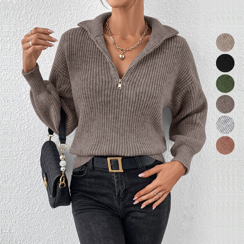 Europa y los Estados Unidos transfronterizos con cremallera suéter de comercio exterior moda de color sólido suéter de manga larga con cremallera de cuello de polo casual suéter mujer