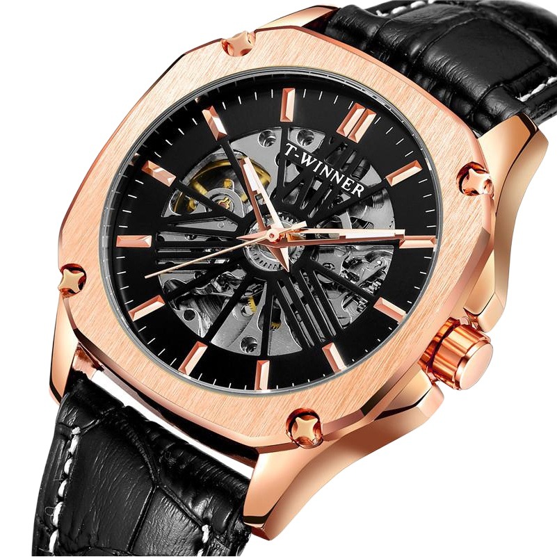 Ganador reloj mecánico automático para hombres moda hueco transparente volante correa de cuero reloj mecánico 8182