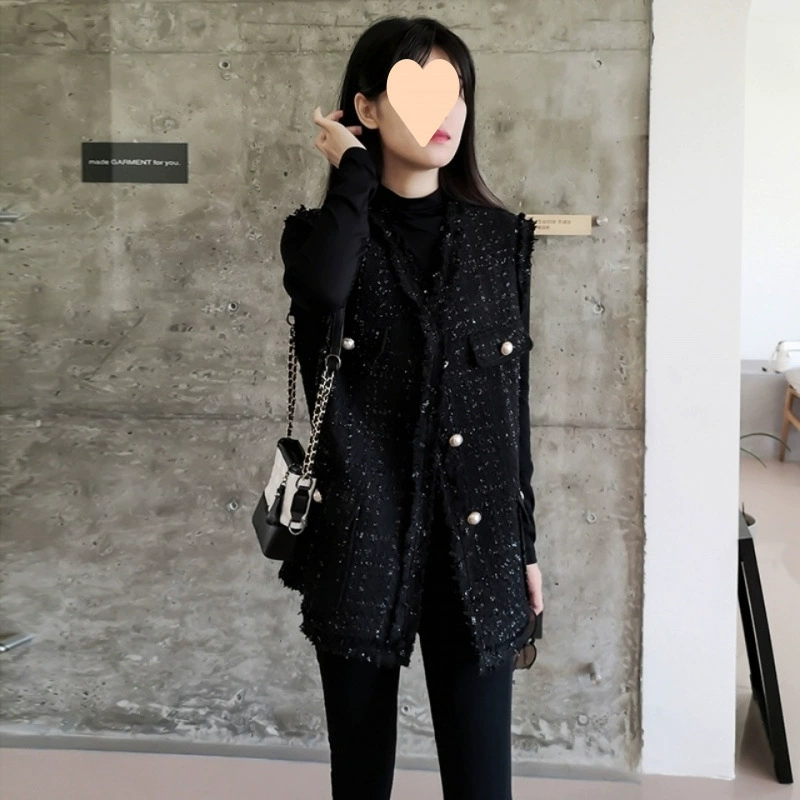 Утолщенный женский жилет в стиле Chanel, новая весенне-осенняя корейская версия, свободный жилет средней длины, топ в стиле рабочей одежды.