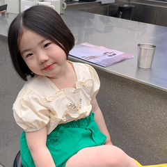 韓國女童短袖襯衫2023夏裝新品兒童刺繡襯衣女寶寶可愛娃娃衫上衣