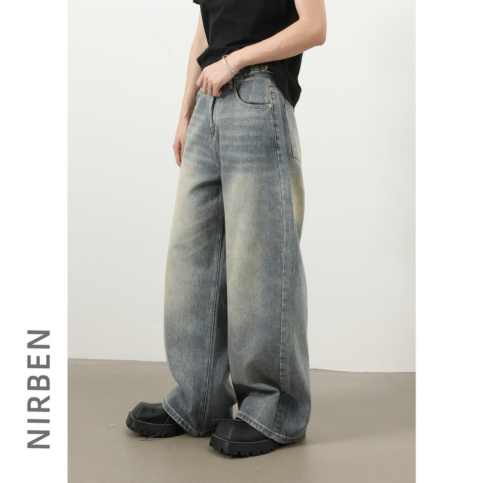 Quần jeans nam ống rộng dáng thẳng phong cách retro, chất denim cotton thoải mái — màu xanh