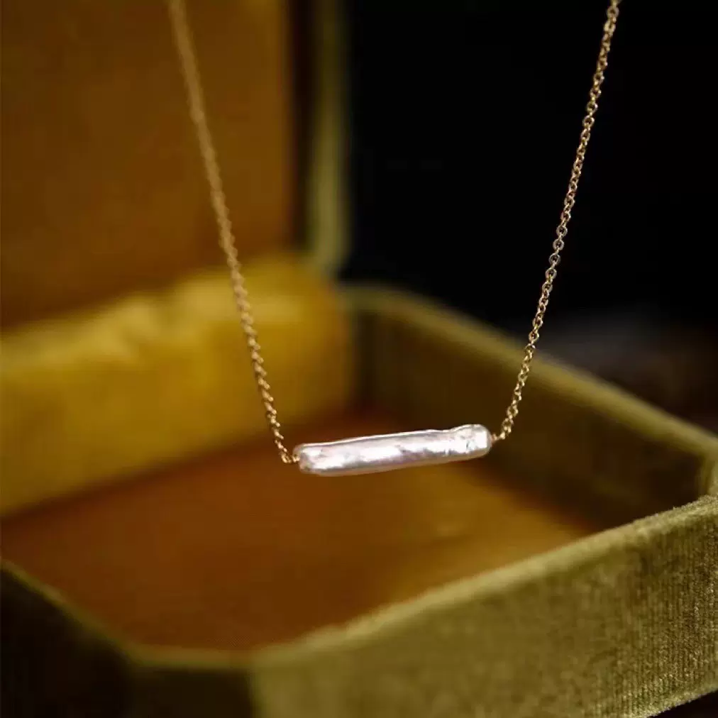 诸暨天然方形银条珍珠项链 巴洛克淡水珍珠ins设计风小灯管项链