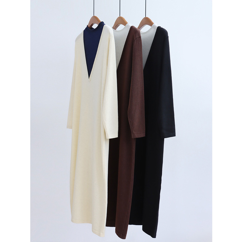 Color-Blocked Fake Two-Piece Deep V Neck Long-Sleeved Knitted Dress Straight Op Long Skirt Autumn and Winter Sweater Skirt Wool Bottoming Skirt Color-Blocked Fake Two-Piece Deep V Neck Long-Sleeved Knitted Dress Straight Op Long Skirt Autumn and Winter Sweater Skirt Wool Bottoming Skirt