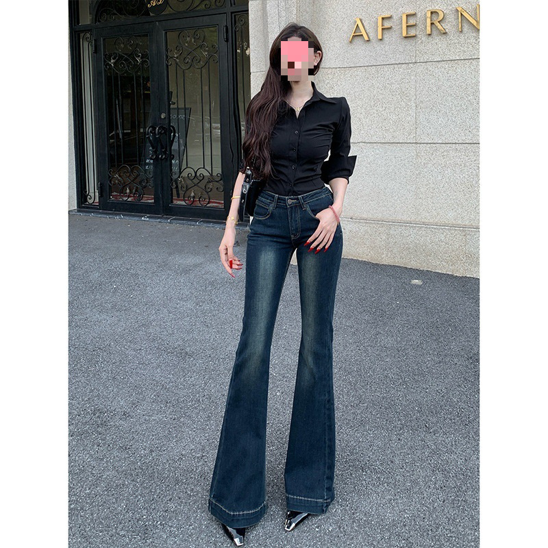 蓝灰色微喇牛仔裤女中低腰2025年夏季新款弹力修身显瘦喇叭长裤|undefined