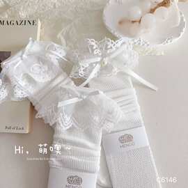 春夏季新款儿童袜纯色花边花边蕾丝蝴蝶结公主风