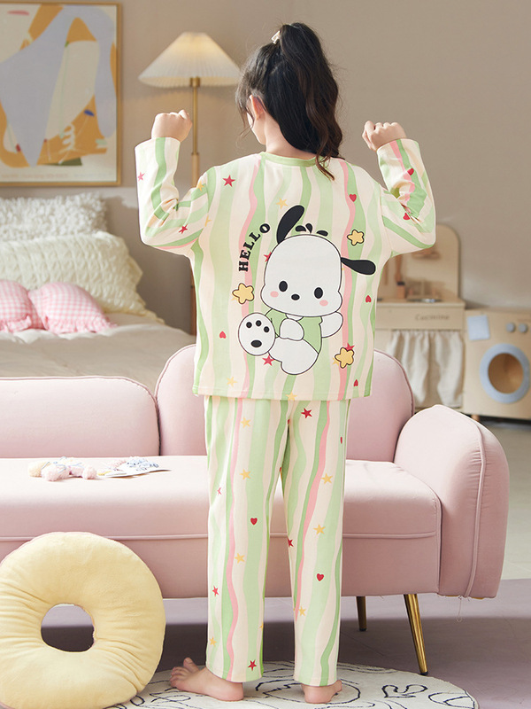女の子のパジャマの長袖の純綿の薄いタイプの秋の服の中で大きい子供のパチャの犬の子供の王女の赤ちゃんの家庭服のスーツ|undefined