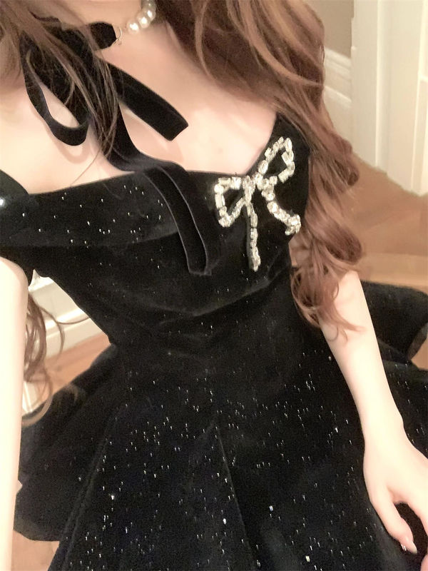 法式名媛千金设计感蝴蝶结一字肩连衣裙夏季新款时尚生日礼服裙女|undefined