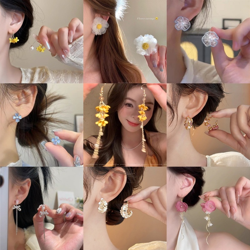 暑い夏〜カラフルな花のリゾートスタイルのスーパーフェアリー雰囲気のイヤリングフレンチレトロなカラフルなオイルドリップイヤリング女性用|undefined