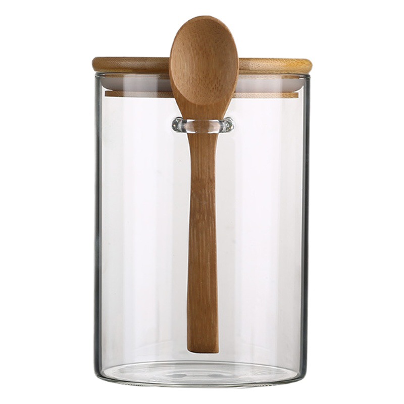alta borosilicona vidrio redondo sellado lata caja de condimentos lata de almacenamiento granos de café cocina lata de almacenamiento con cuchara de madera