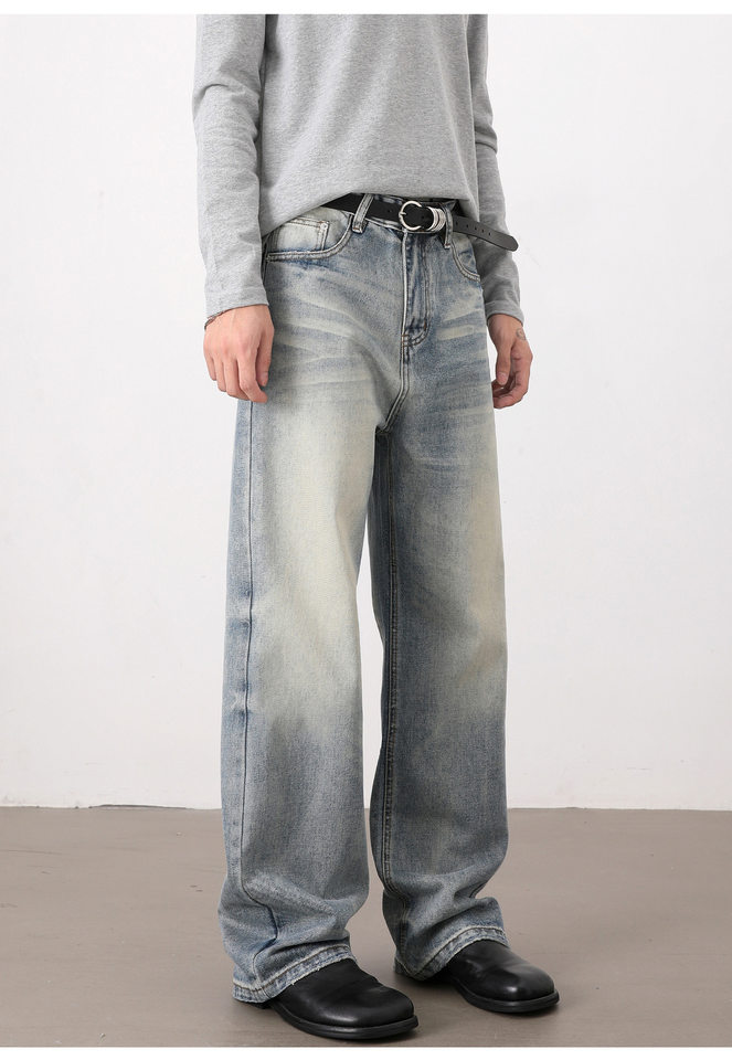 Quần jean nam dáng rộng ống suông wash râu mèo phong cách retro — Xanh nhạt, màu xám chi tiết 13