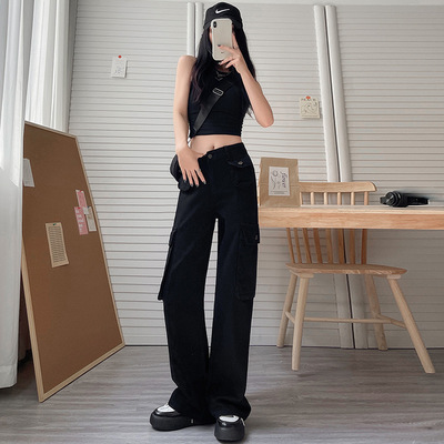 直筒牛仔裤女2022秋冬新款欧美式高腰阔腿复古辣妹风多口袋工装裤|ru