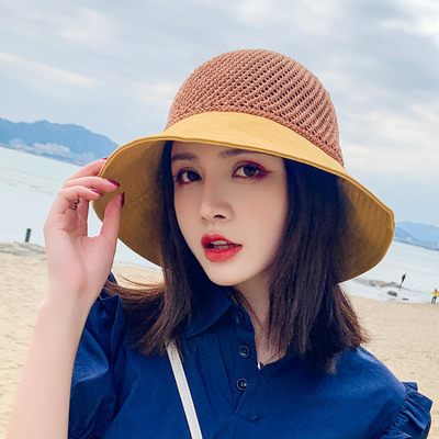 遮阳帽2021新款女士渔夫帽蝴蝶结日系防晒拼接圆形宽檐夏季帽子|ms