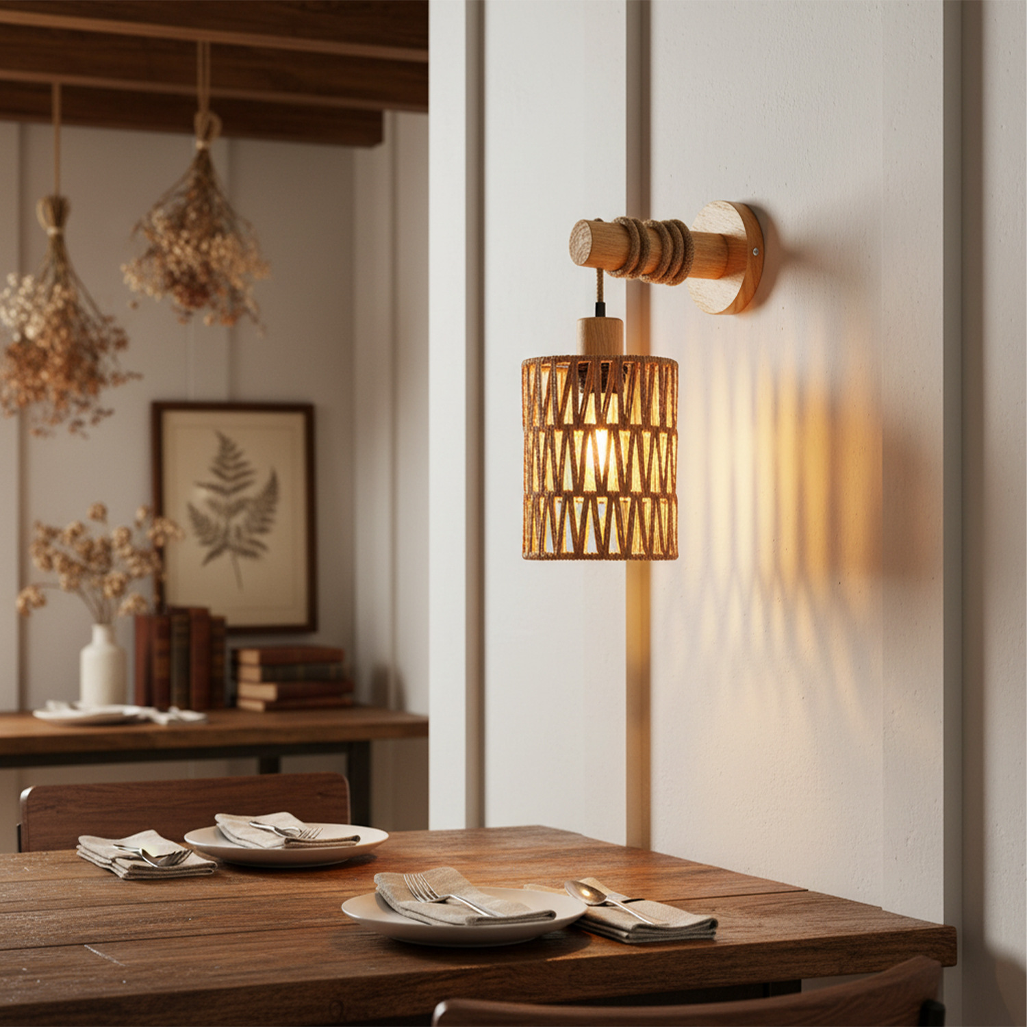 Lámparas transfronterizas de Zhongshan, restaurante de estilo retro, pasillo, dormitorio, cama, casa de familia, cuerda de cáñamo de ratán hecha a mano, pared de madera