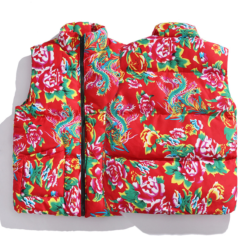 M3 중국 스타일 북동쪽 큰 꽃면 조끼 코트 플러스 사이즈 느슨한 겨울 한푸 코트 Waistcoat Vest 공연 의류