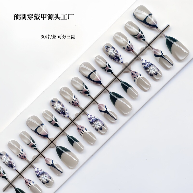 European and American Art Leopard Print Classy Wearable Nails Handmade Stereo Carved Morandi Color Nail Art Direct Sales Wholesale