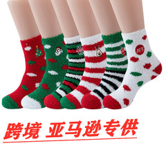 冬季跨境亞馬遜聖誕樹女襪珊瑚絨襪子女聖誕襪中筒麋鹿外貿批發