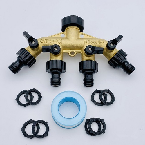 花园黄铜四通分流器园林户外水软管四口分水器接头灌溉浇水分流阀