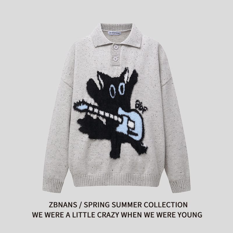 American Retro Rock Cat Lapel Knitwear for Men and Women 2025 Autumn and Winter Loose Casual Versatile Couple Knitwear