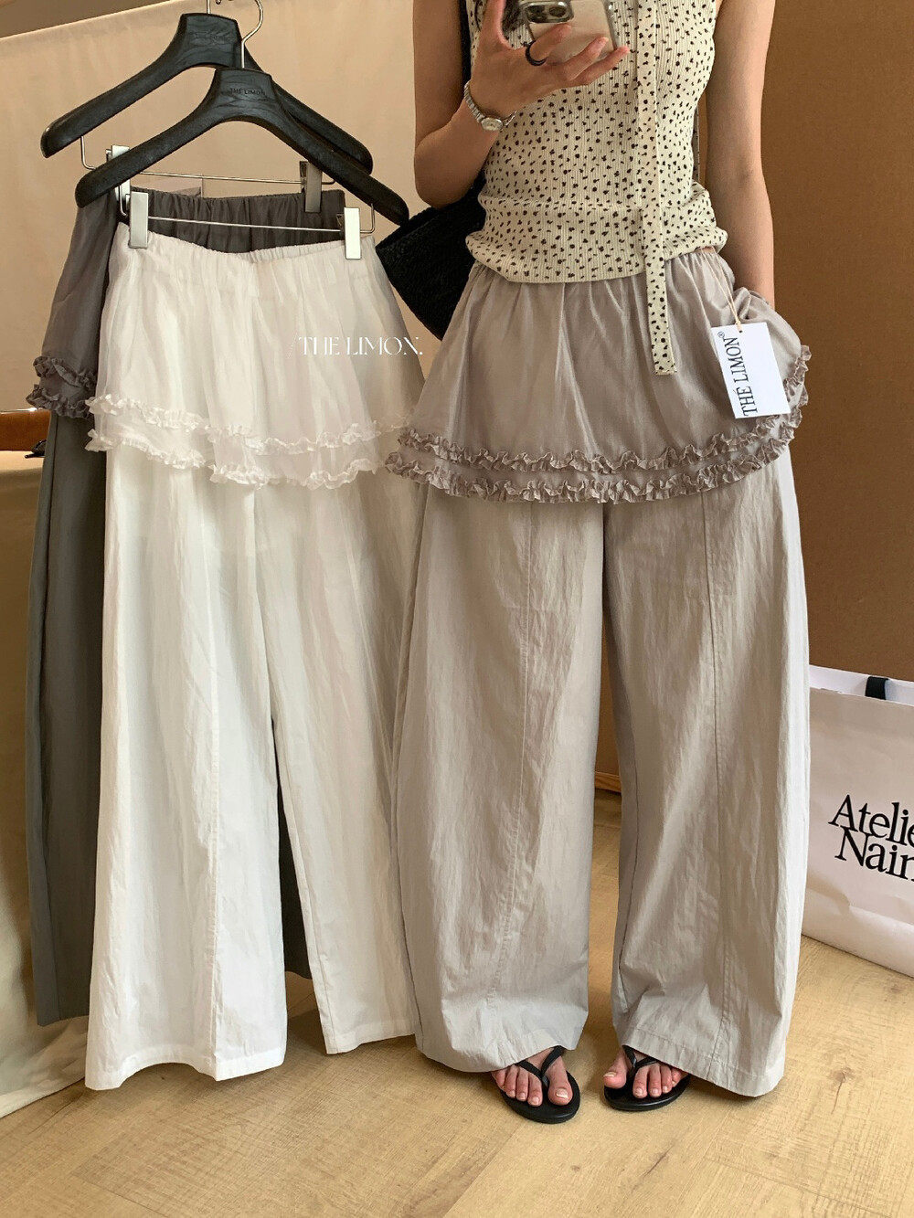 Quần culottes nữ ống rộng cạp cao phong cách Hàn Quốc, thiết kế giả hai lớp viền bèo nhún — màu trắng, màu xám, màu kaki chi tiết 12