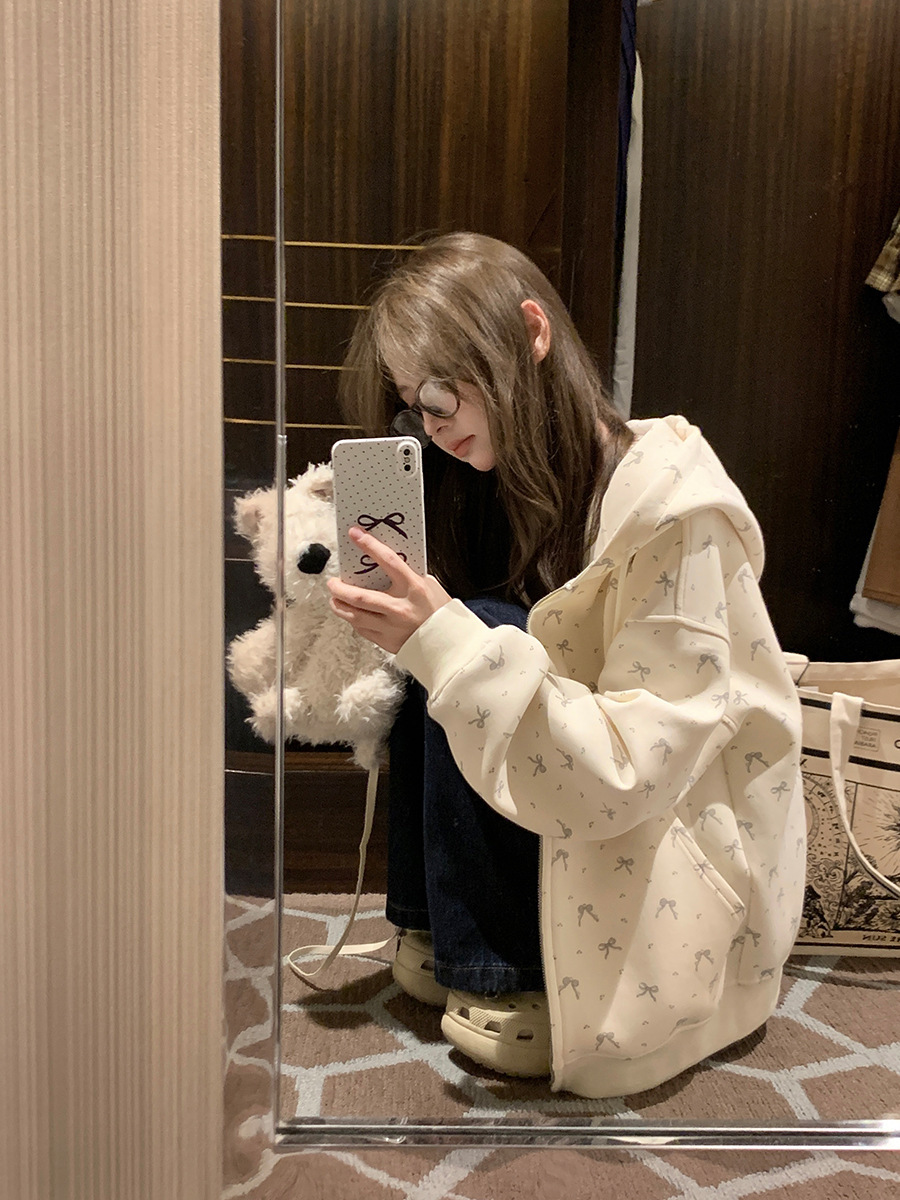 Sweet Floral Hooded Cardigan Sweatshirt for Women Spring & Fall 2025 New Oversize Loose Milk Fufu Fleece-Lined Jacket