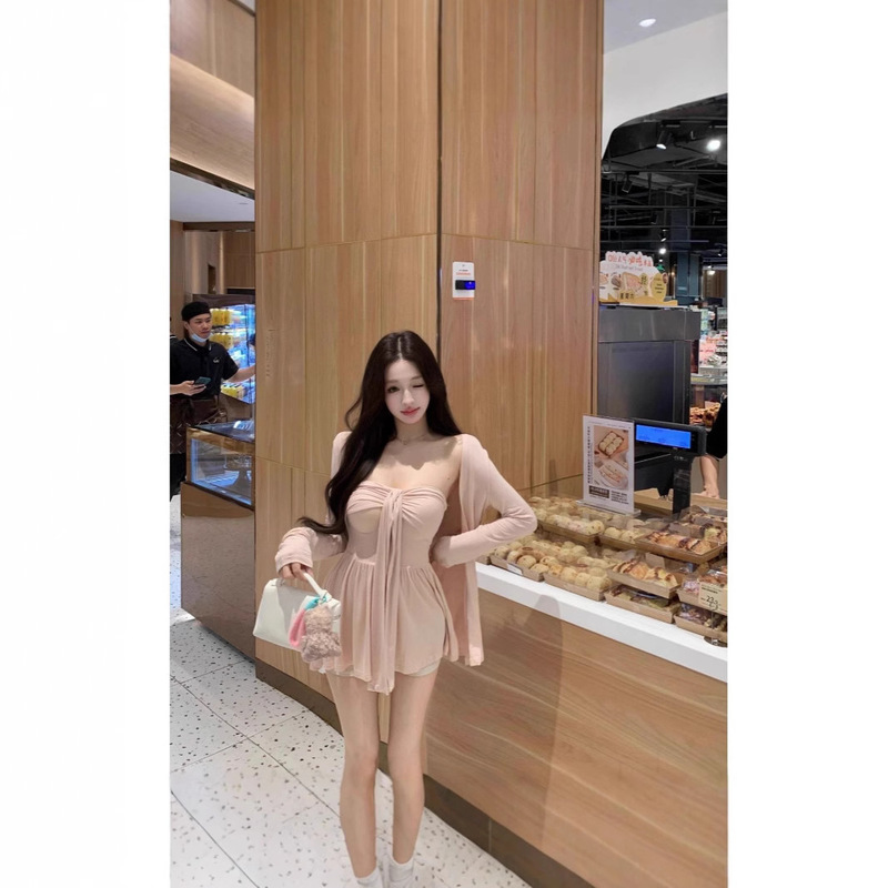 [Factory Ready Stock] Pink Long-Sleeved Sun Protection Cardigan Women's Summer Suit Pure Desire Ribbon Tube Top Vest Top Two-Piece Set