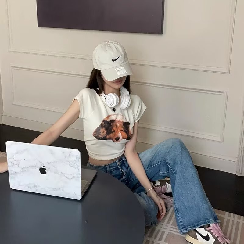 American Style Simple Summer Cute Dog Print Round Neck Short Navel Slim-fit Slimming Short-sleeved White T-shirt for Women