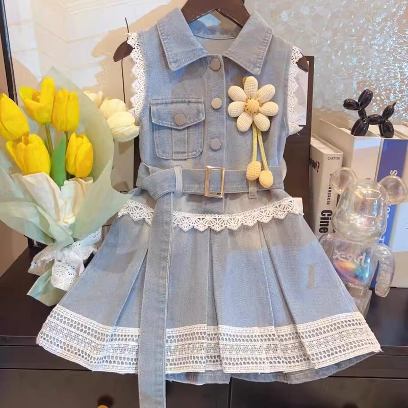 2025 新しい夏の女の赤ちゃんハイエンドプリントソフトデニムスプライシングスカートレースドレスノースリーブデニムスカート|undefined
