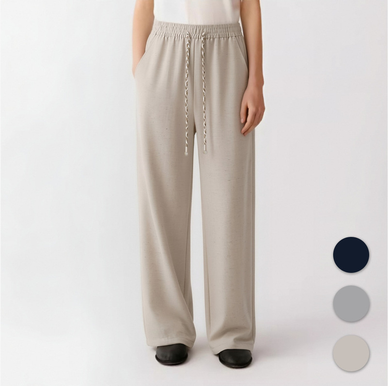 0158 Linen Tencel Elastic Waist Straight-Leg Pants with Dopamine Texture Drawstring