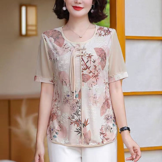 Mom's Summer Short-sleeved T-shirt Top 2025 New Western Style Women's Wear for 50 Years Old New Chinese Style National Style Small Shirt