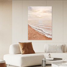 日落风景装饰画客厅手绘油画夕阳沙滩肌理画奶油风玄关长方形挂画