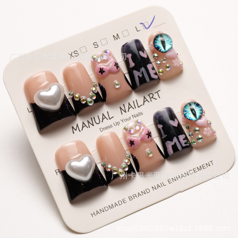 10Pcs Short Duckbill European and American Style Wearable Nails Heart Rhinestone Eyeball Personalized Element Design Us Overseas Warehouse One