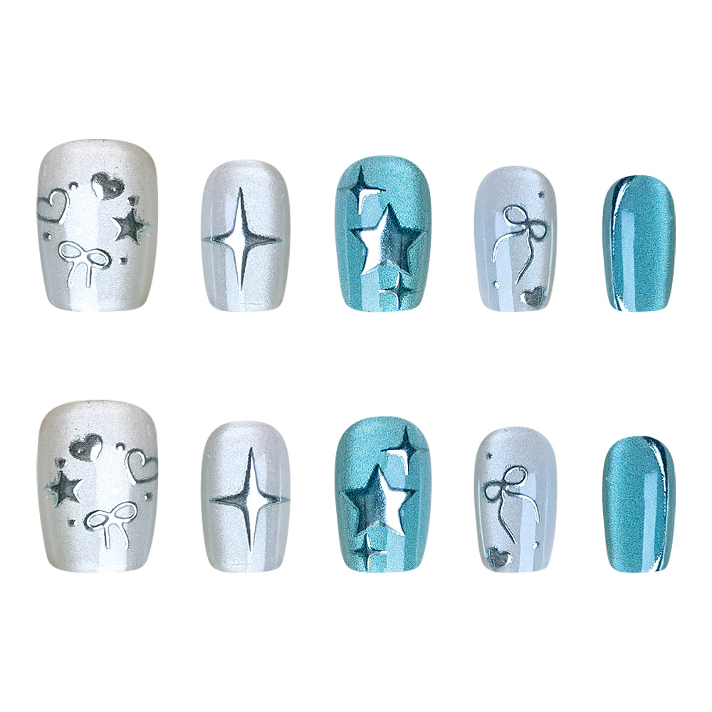 Esmalte de estrella brillante tridimensional 3D 10 piezas de uñas de ojo de gato de código dividido, lazo, amor, uñas hechas a mano