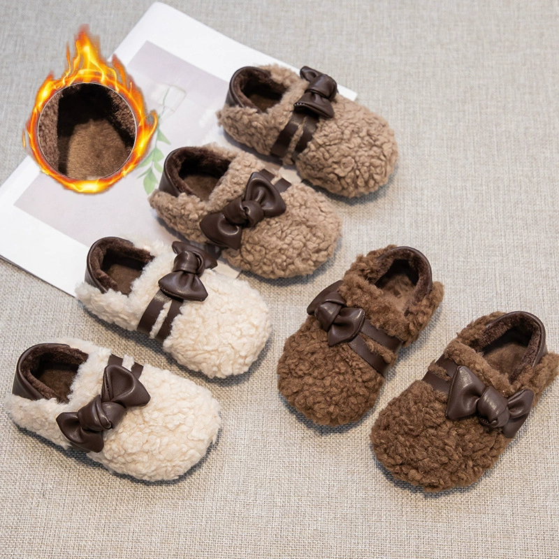 Симпатичные банты плоские меховые туфли женские 2024 осень и зима новая мягкая подошва плюс бархатная теплая бобовая обувь корейская обувь