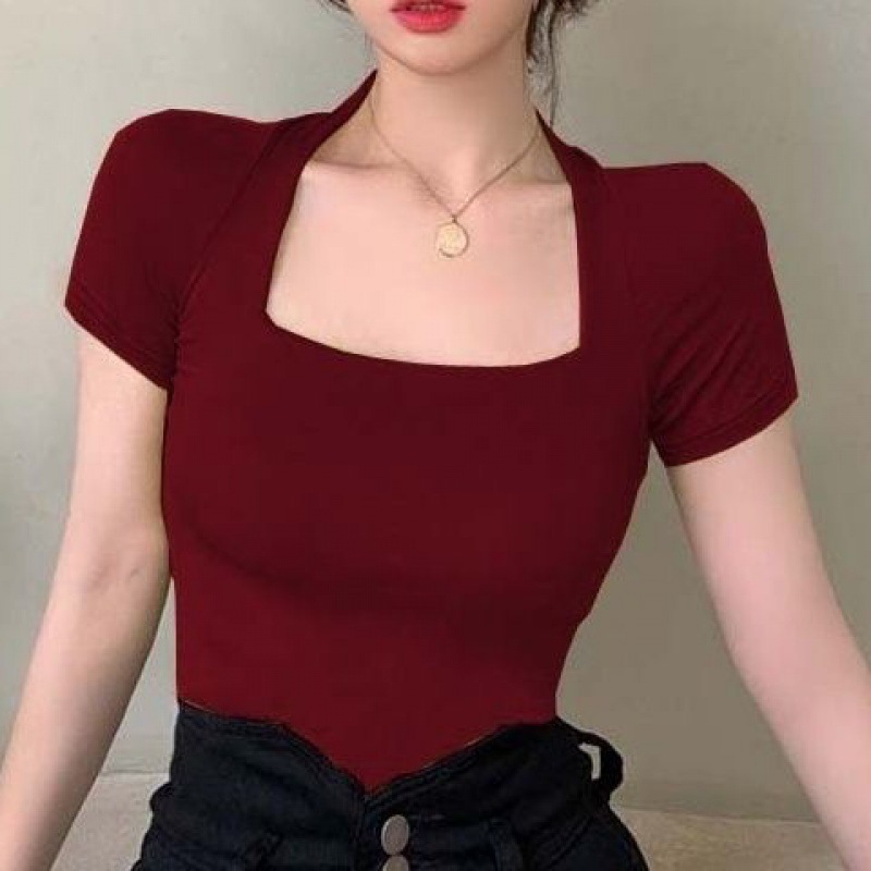 클라인 블루 스퀘어 넥 반팔 티셔츠 여성 여름 타이트 라지 넥라인 노출 쇄골 프렌치 레트로 섹시 반팔 탑
