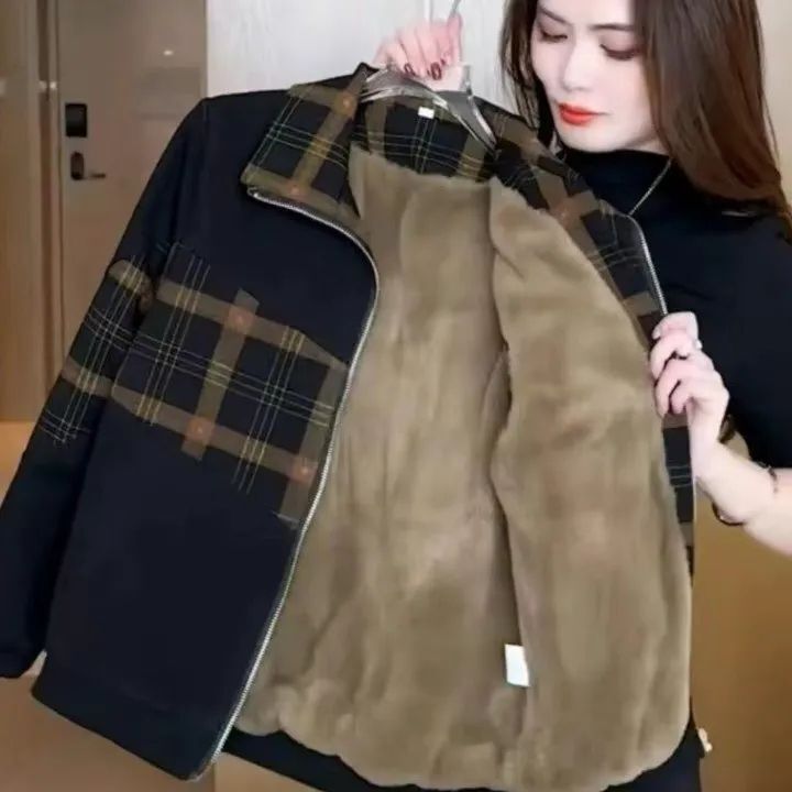2024 autumn and winter new foreign style little Joker jacket jacket fashion fleece-lined padded plaid Denim coat women